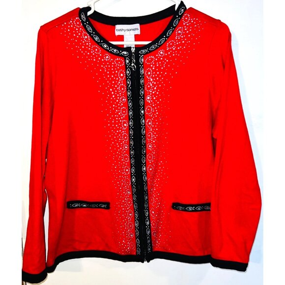 Cathy Daniels Womens Red Embellished Cardigan Sweater Jacket L Cotton Blend - Picture 1 of 4